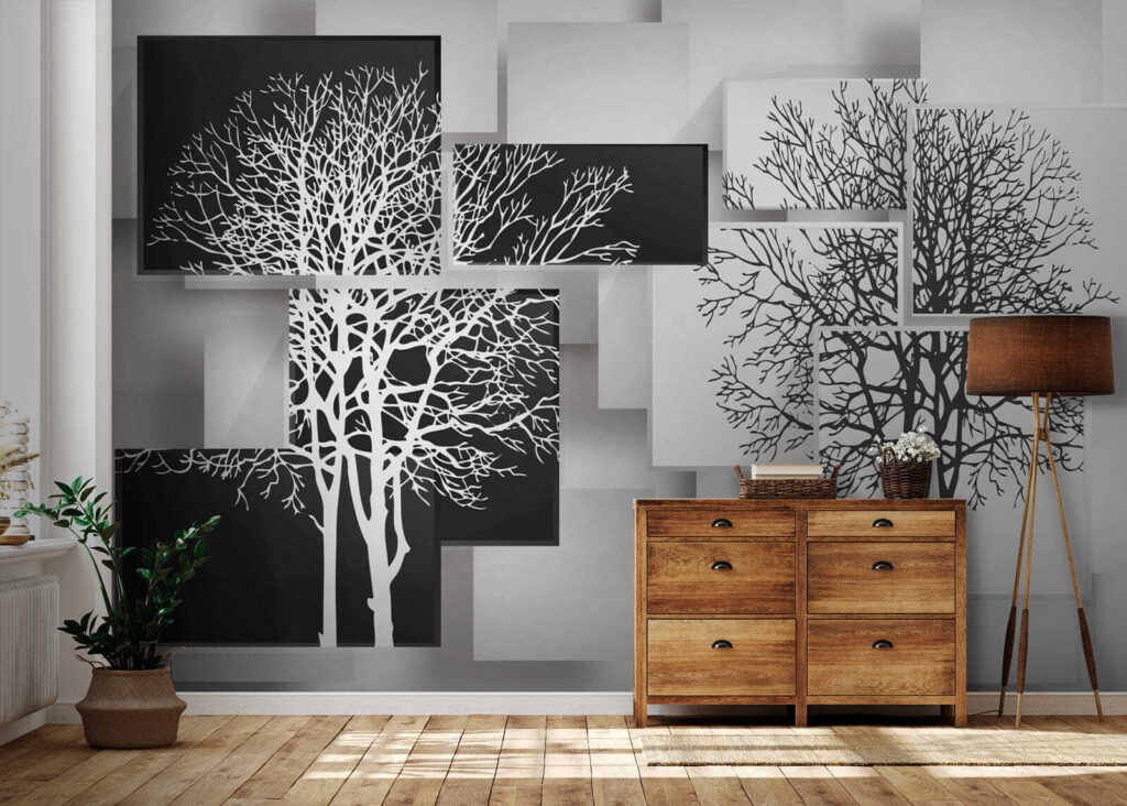 Group of black and white squares with trees on them Group of black and white squares with trees on them
