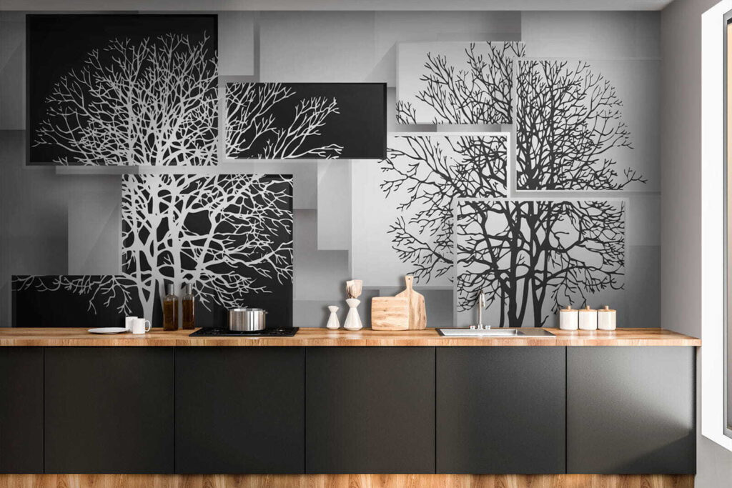 Group of black and white squares with trees on them Group of black and white squares with trees on them