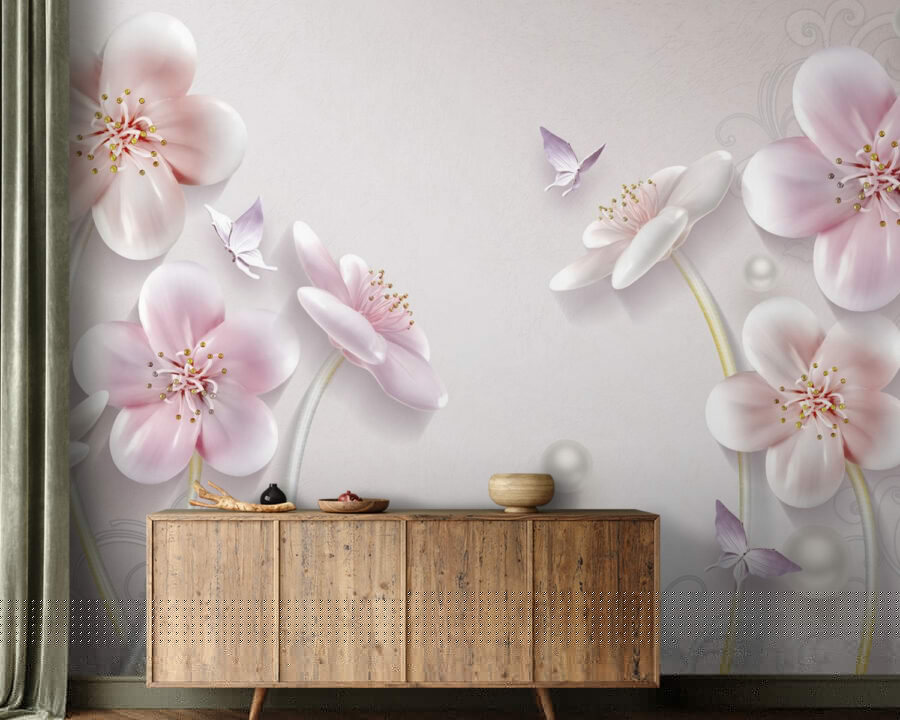 Wall murals Wallpaper with flowers and butterflies