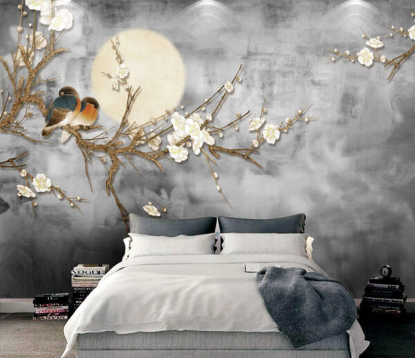 Bird on a branch with white flowers Bird on a branch with white flowers