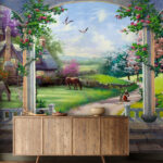 Wall murals Painting of a landscape with a horse and a house