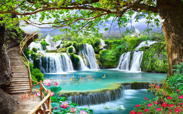 Waterfall with birds and a bridge Waterfall with birds and a bridge
