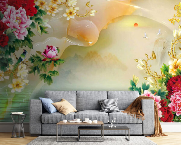 Wall murals Painting of flowers and swans (SKU: u11643) Wall murals Wall murals Painting of flowers and swans (SKU: u11643)