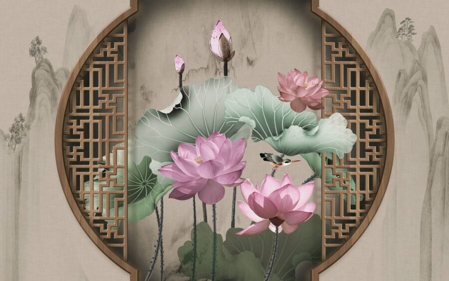 Wall murals Wallpaper with pink flowers and leaves - Image 2