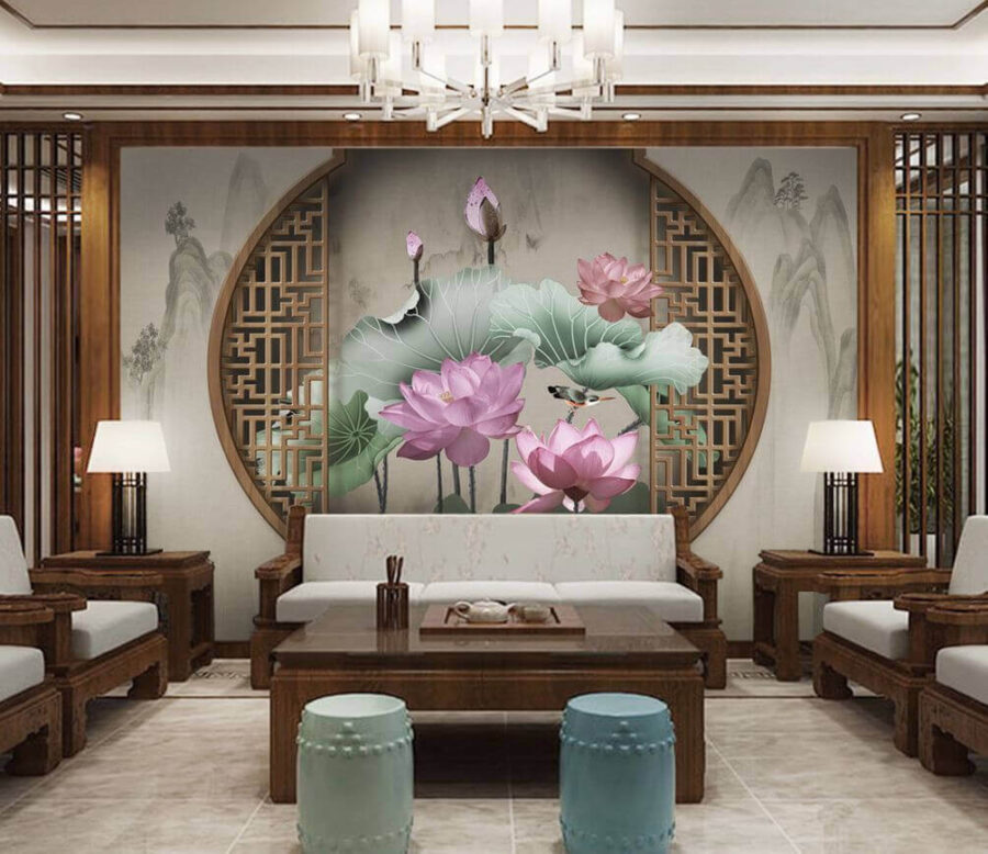 Wall murals Wallpaper with pink flowers and leaves