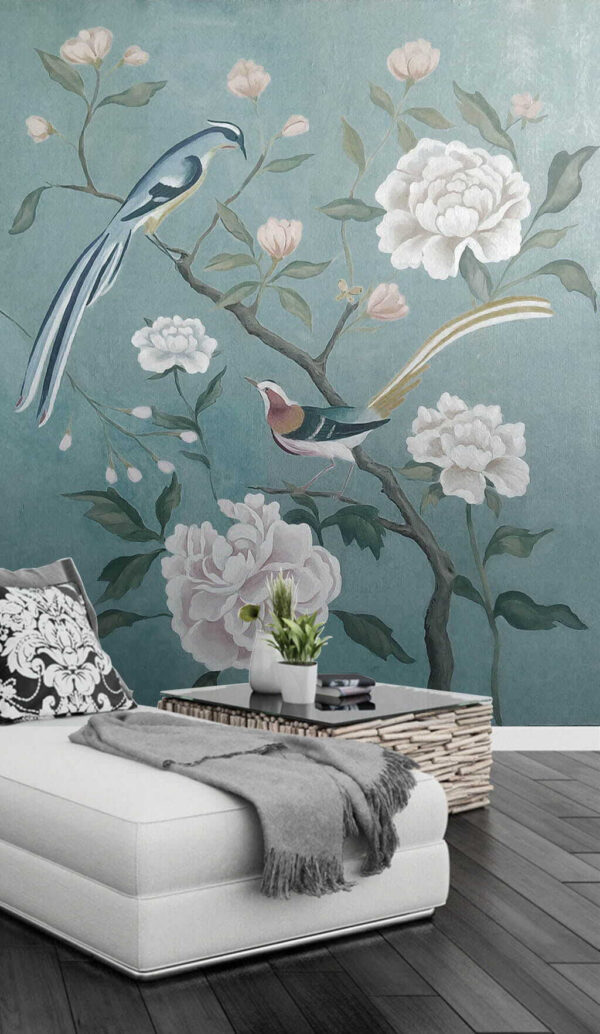 Painting of birds on a branch with flowers Painting of birds on a branch with flowers
