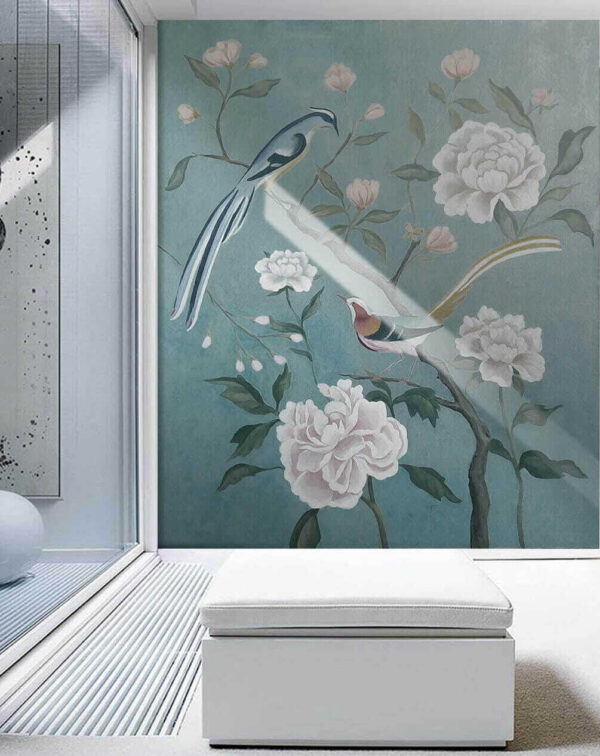 Painting of birds on a branch with flowers Painting of birds on a branch with flowers