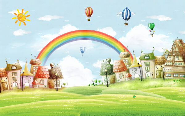 Cartoon landscape with a rainbow and houses Cartoon landscape with a rainbow and houses