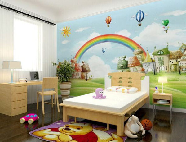 Cartoon landscape with a rainbow and houses Cartoon landscape with a rainbow and houses