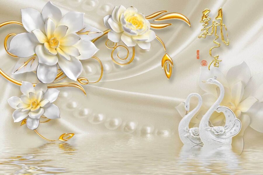 Wallpaper with swans and flowers