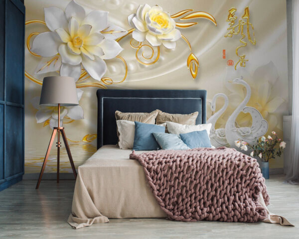 Wallpaper with swans and flowers Wallpaper with swans and flowers
