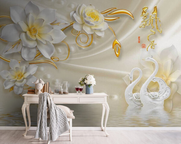 Wallpaper with swans and flowers Wallpaper with swans and flowers