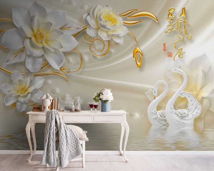 Wallpaper with swans and flowers