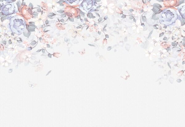 White background with flowers and butterflies White background with flowers and butterflies