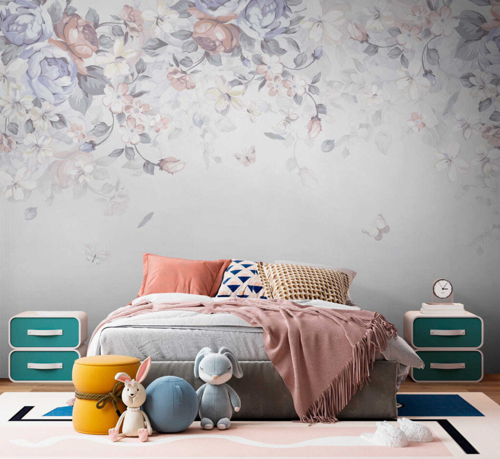 White background with flowers and butterflies