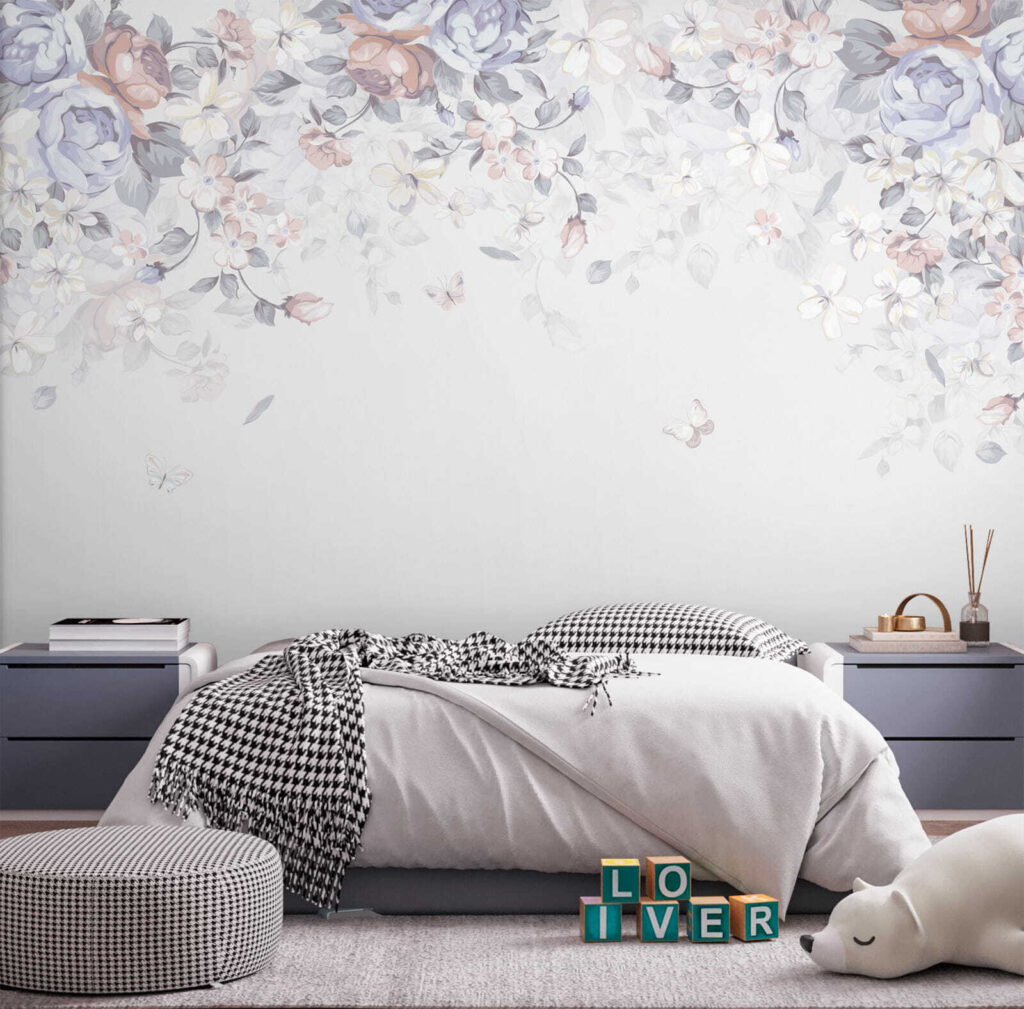 White background with flowers and butterflies