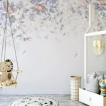 Wall murals White background with flowers and butterflies