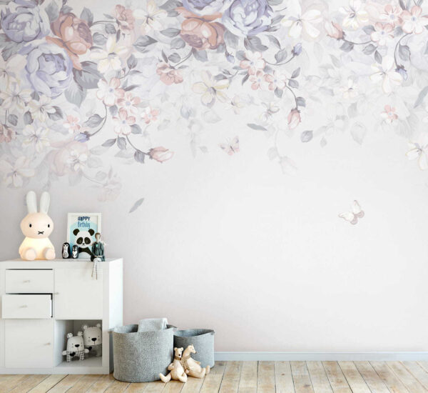 White background with flowers and butterflies White background with flowers and butterflies