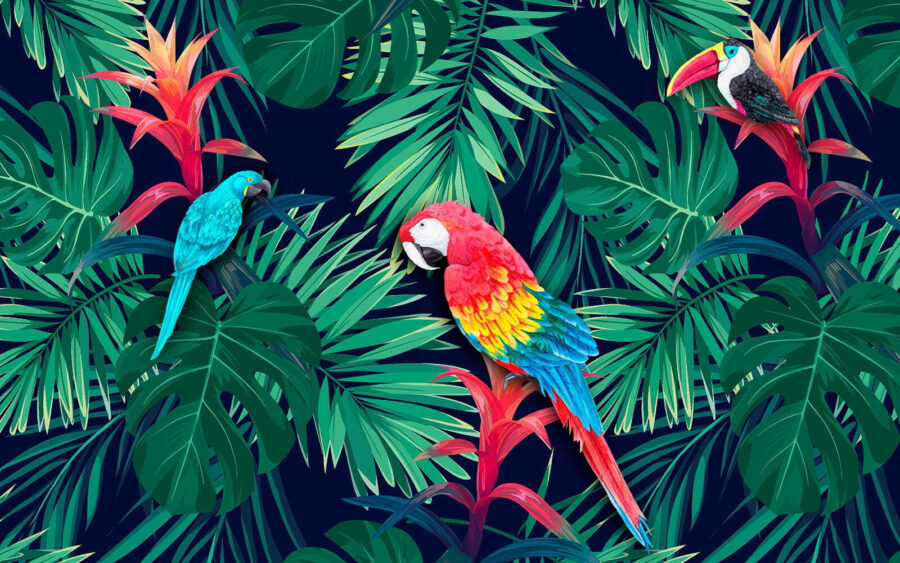Colorful parrots and leaves