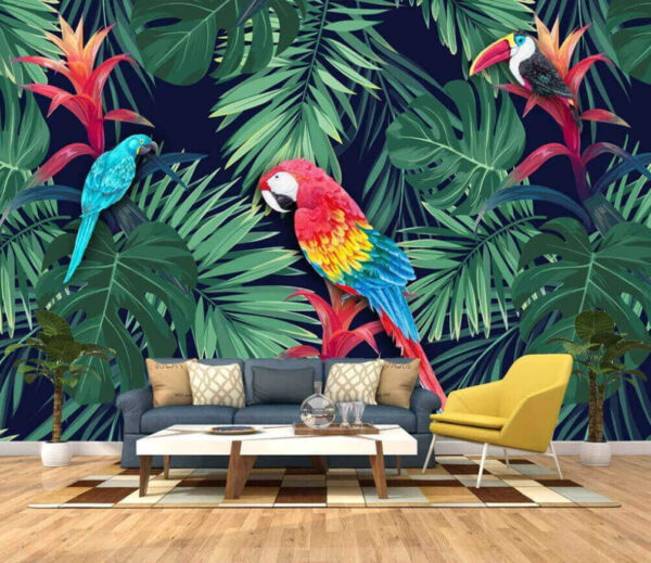Colorful parrots and leaves Colorful parrots and leaves