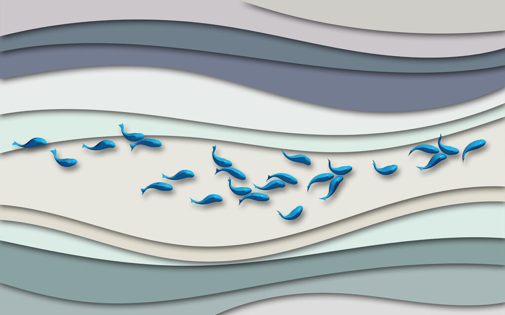 Group of blue fish swimming in a group of waves Group of blue fish swimming in a group of waves