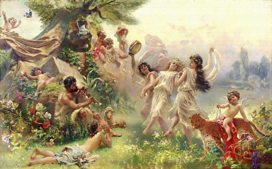 Painting of people dancing in a forest