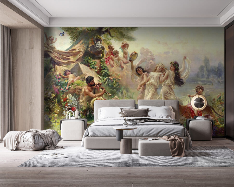 Painting of people dancing in a forest