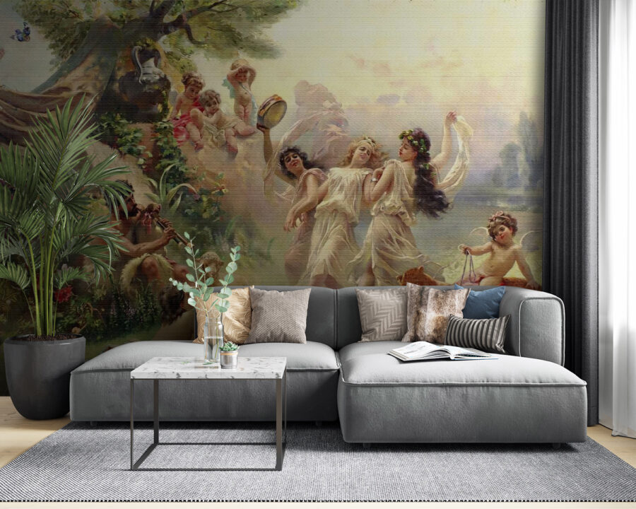 Painting of people dancing in a forest