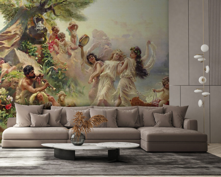 Painting of people dancing in a forest