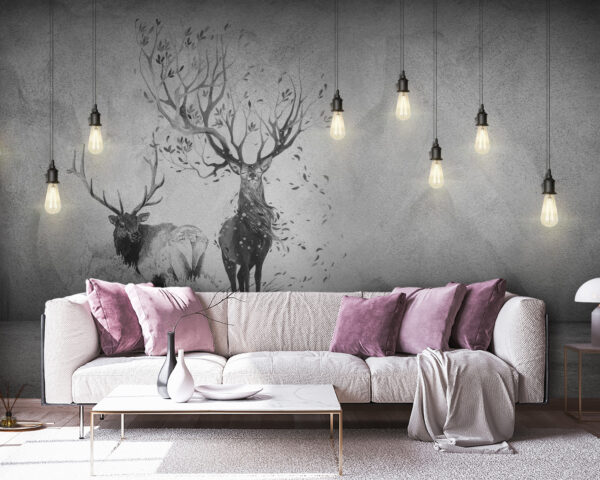 Wall with a drawing of two deer and trees Wall with a drawing of two deer and trees