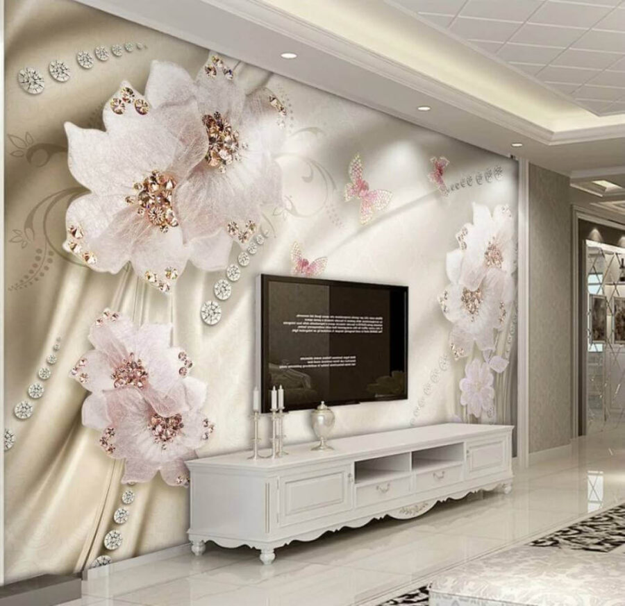 Wallpaper with flowers and butterflies