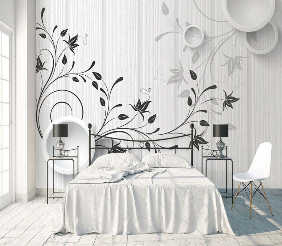 White wall with black and white flowers