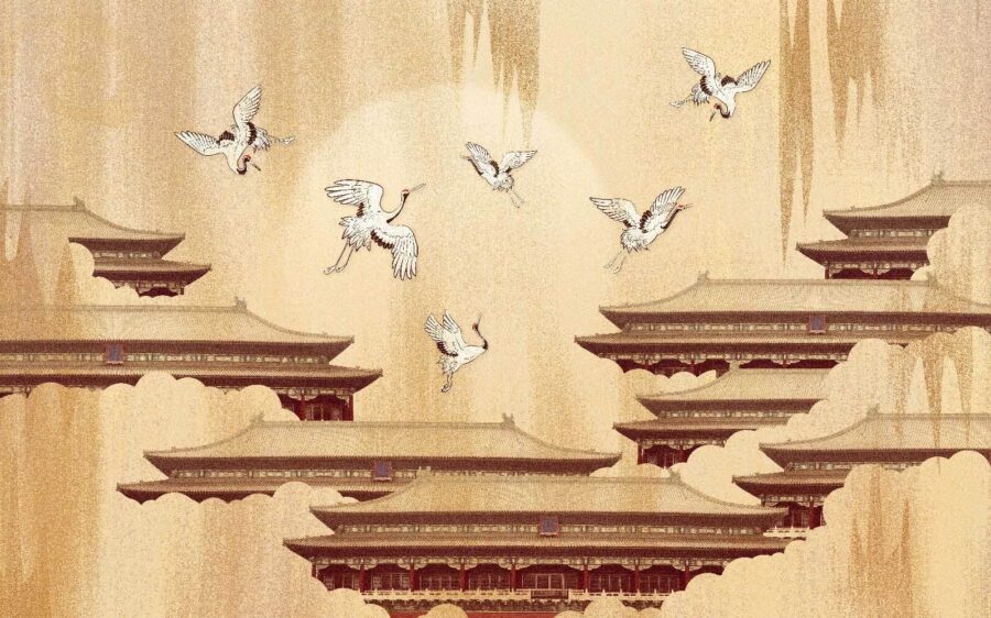 Group of cranes flying in the sky