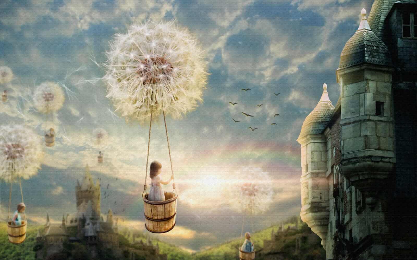 u16580p - Girl in a basket on a swing with a dandelion in the sky - tegory