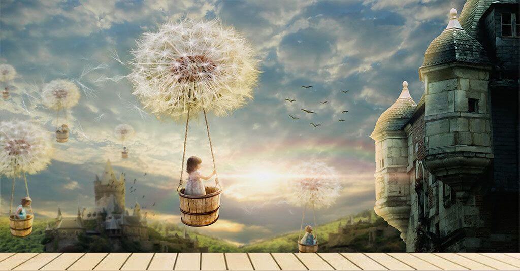 u16580pir1m - Girl in a basket on a swing with a dandelion in the sky - tegory