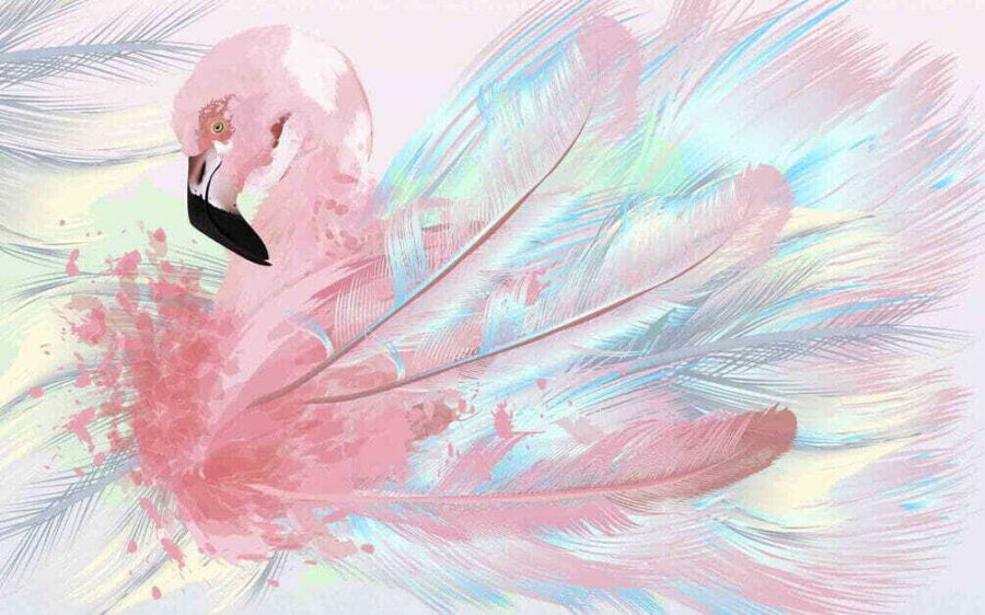 Pink flamingo with white and blue feathers