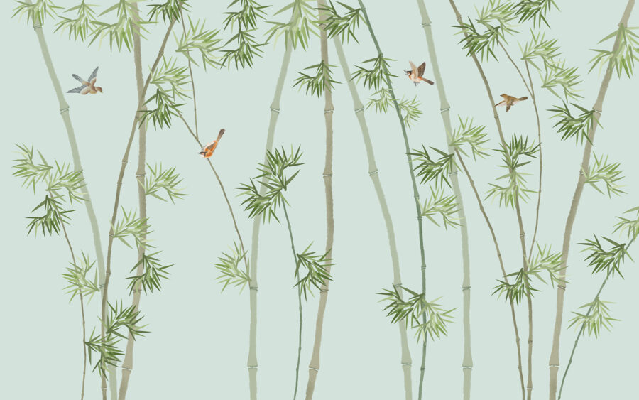 Wallpaper with bamboo branches and birds