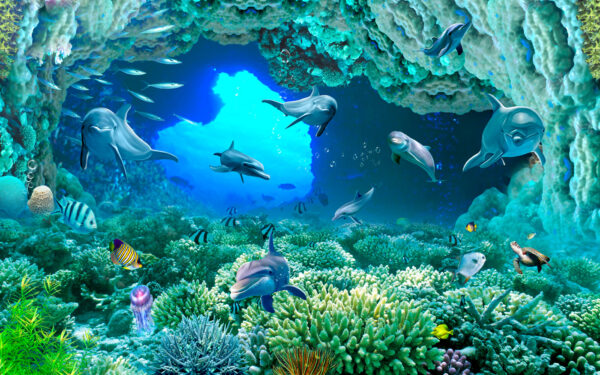 Group of dolphins and fish under water Group of dolphins and fish under water