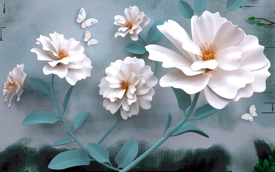 White flowers with butterflies