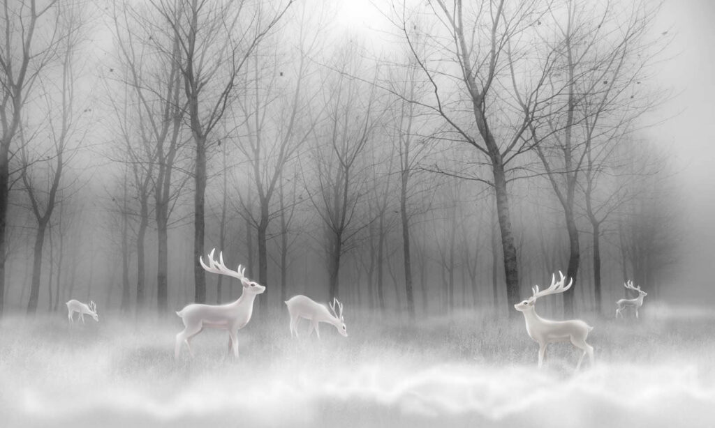 Group of white deer in a foggy forest Group of white deer in a foggy forest