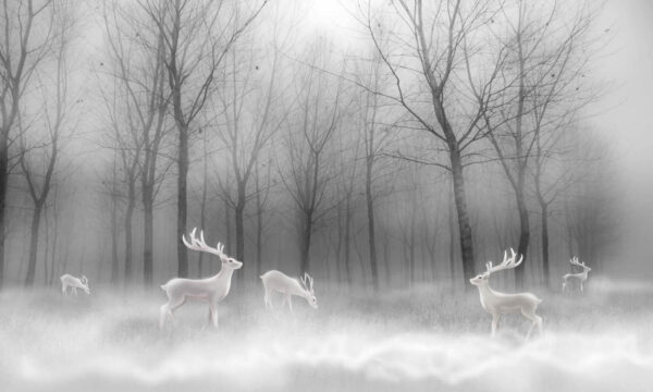 Group of white deer in a foggy forest Group of white deer in a foggy forest