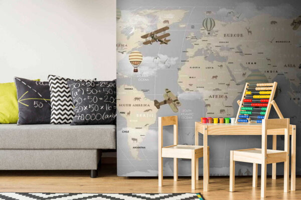 Map of the world with airplanes and hot air balloons Map of the world with airplanes and hot air balloons