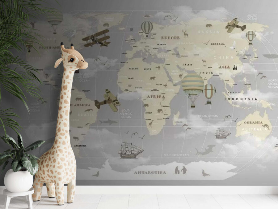 Map of the world with airplanes and hot air balloons
