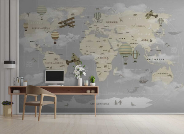 Map of the world with airplanes and hot air balloons Map of the world with airplanes and hot air balloons