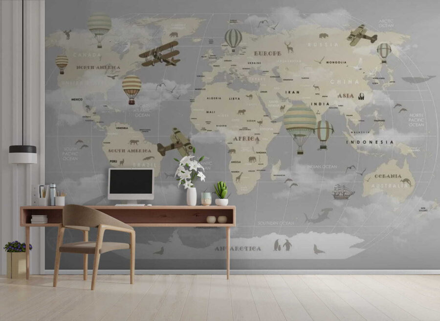 Map of the world with airplanes and hot air balloons