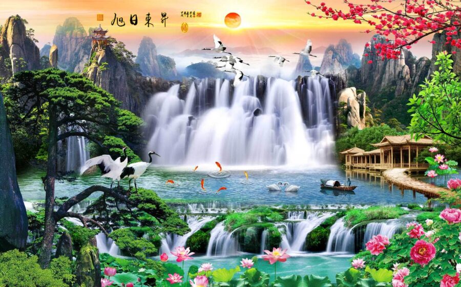 Waterfall with birds and flowers