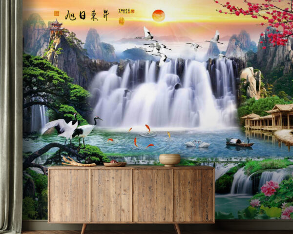 Waterfall with birds and flowers Waterfall with birds and flowers