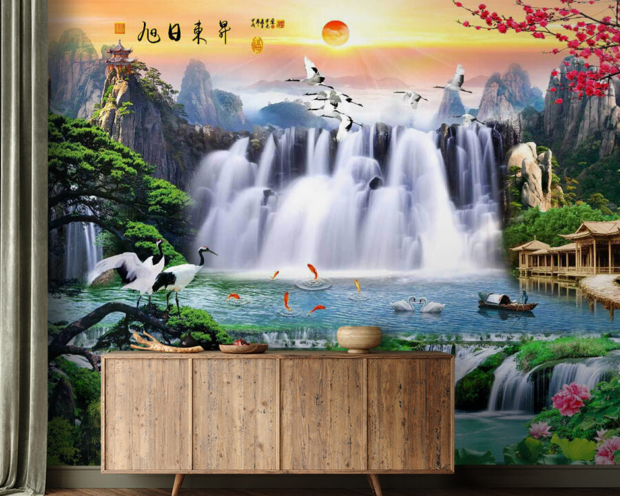 Waterfall with birds and flowers