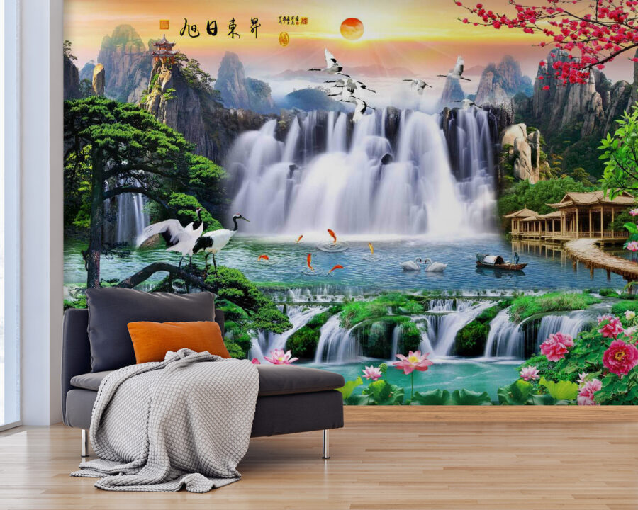 Waterfall with birds and flowers