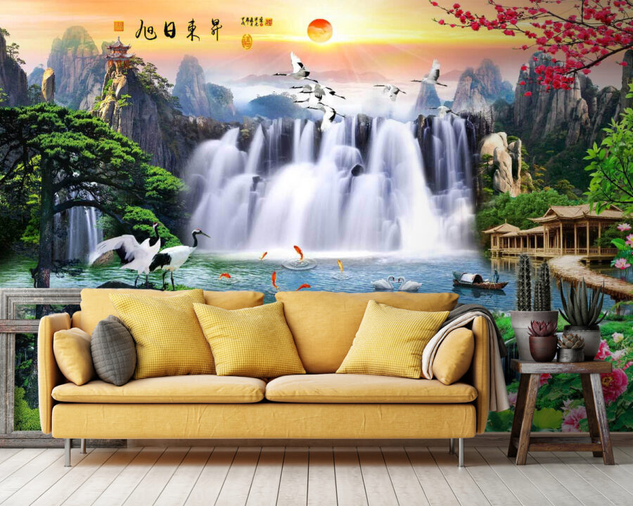 Waterfall with birds and flowers
